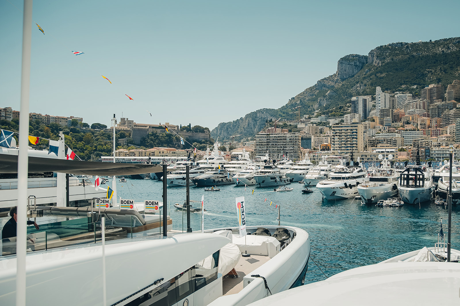 Port Hercule is packed with superyachts on a sunny day during the Monaco Grand Prix