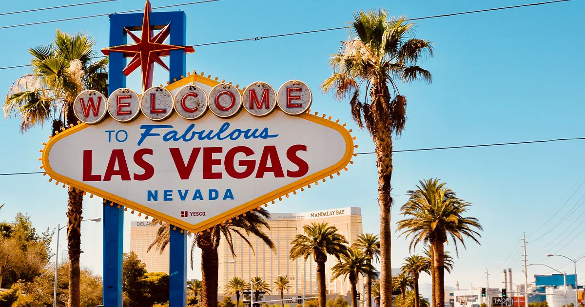 A colourful sign with the text ‘Welcome to Fabulous Las Vegas, Nevada’.