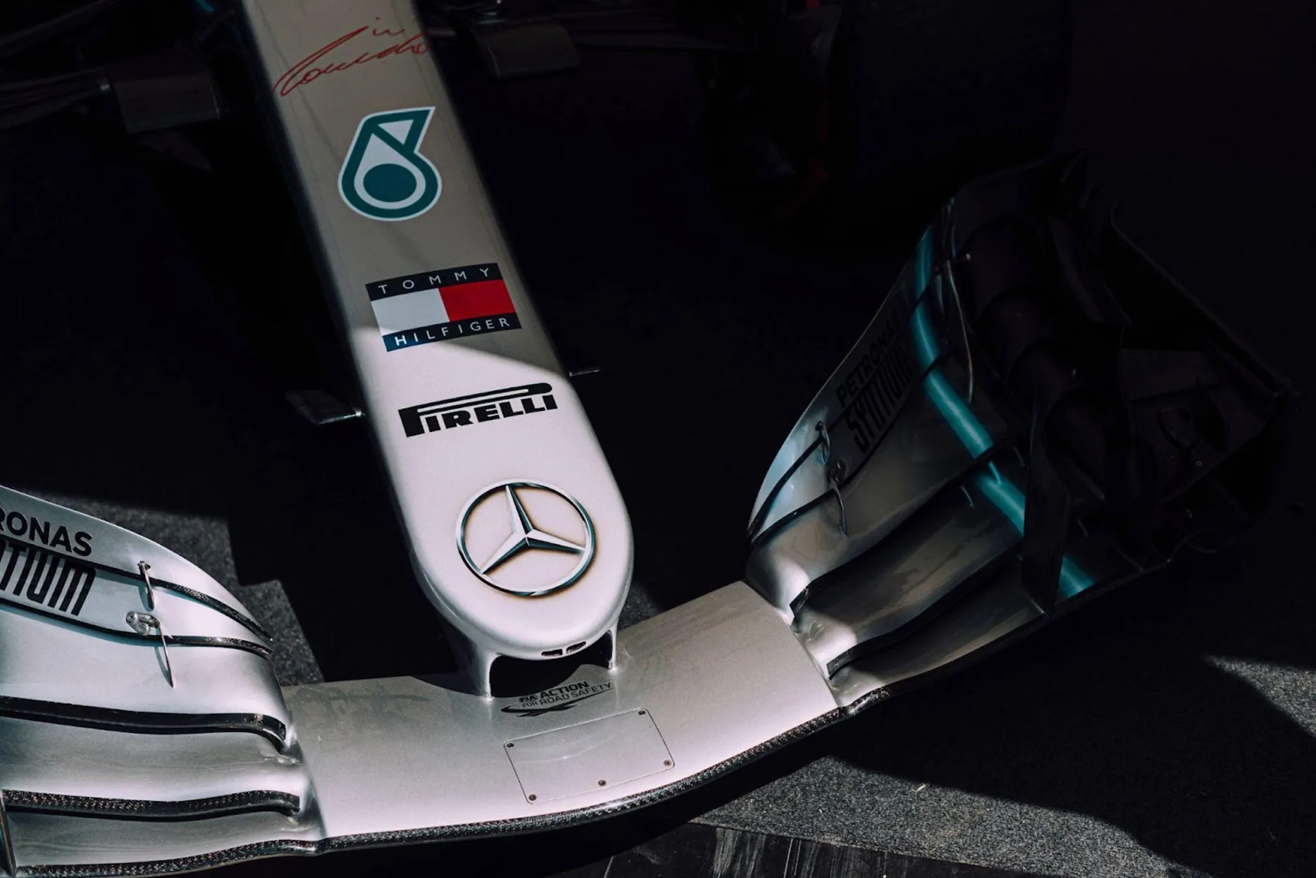A close up of the nose of Lewis Hamilton’s silver Mercedes-AMG F1 car.