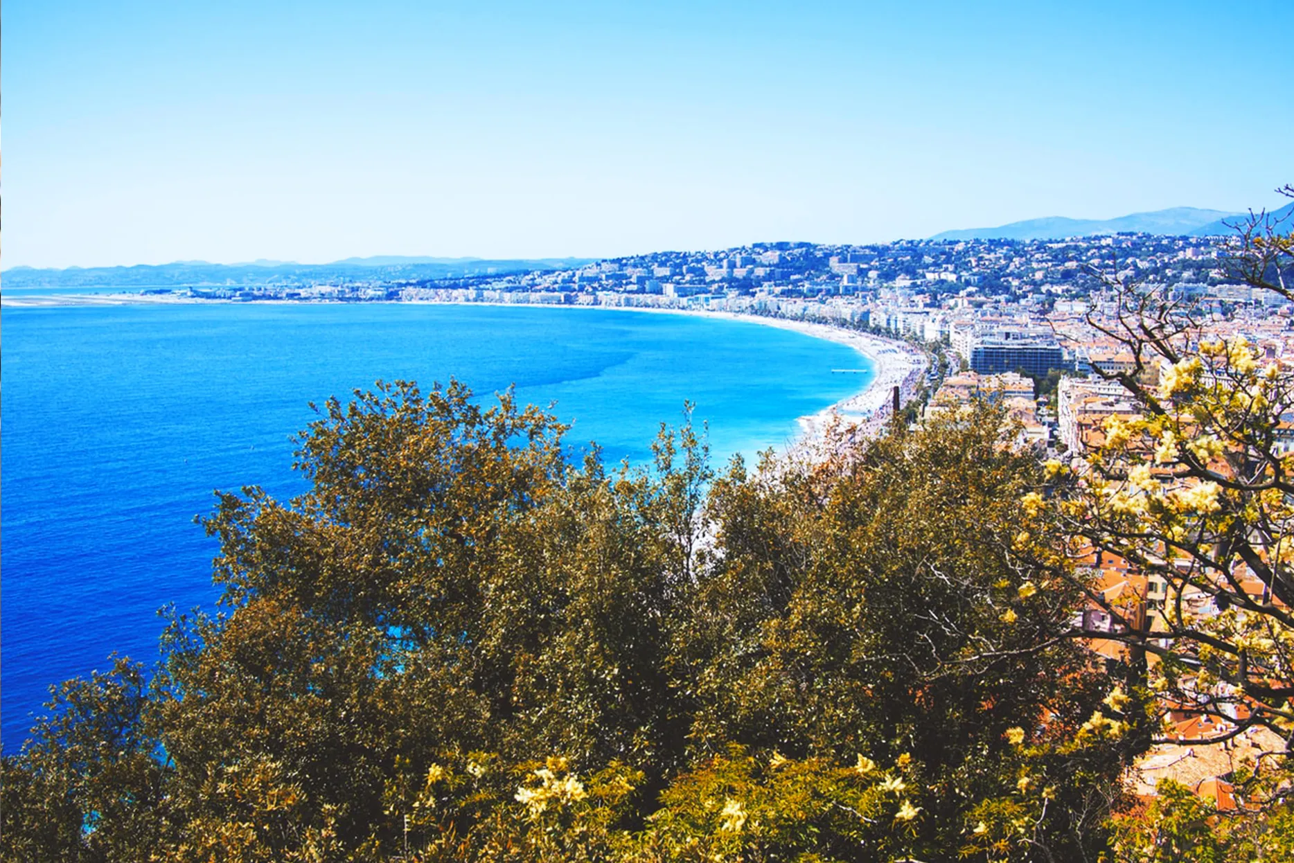 Nice and the Promenade des Anglais seen from an elevated view on a sunny day