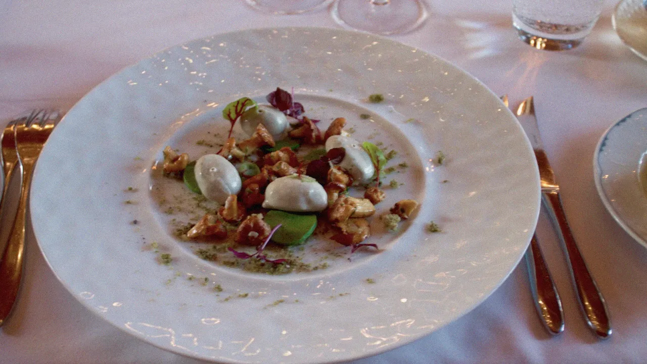 A plate with artistically arranged food in a Michelin starred restaurant during an Ultimate Driving Tours adventure.