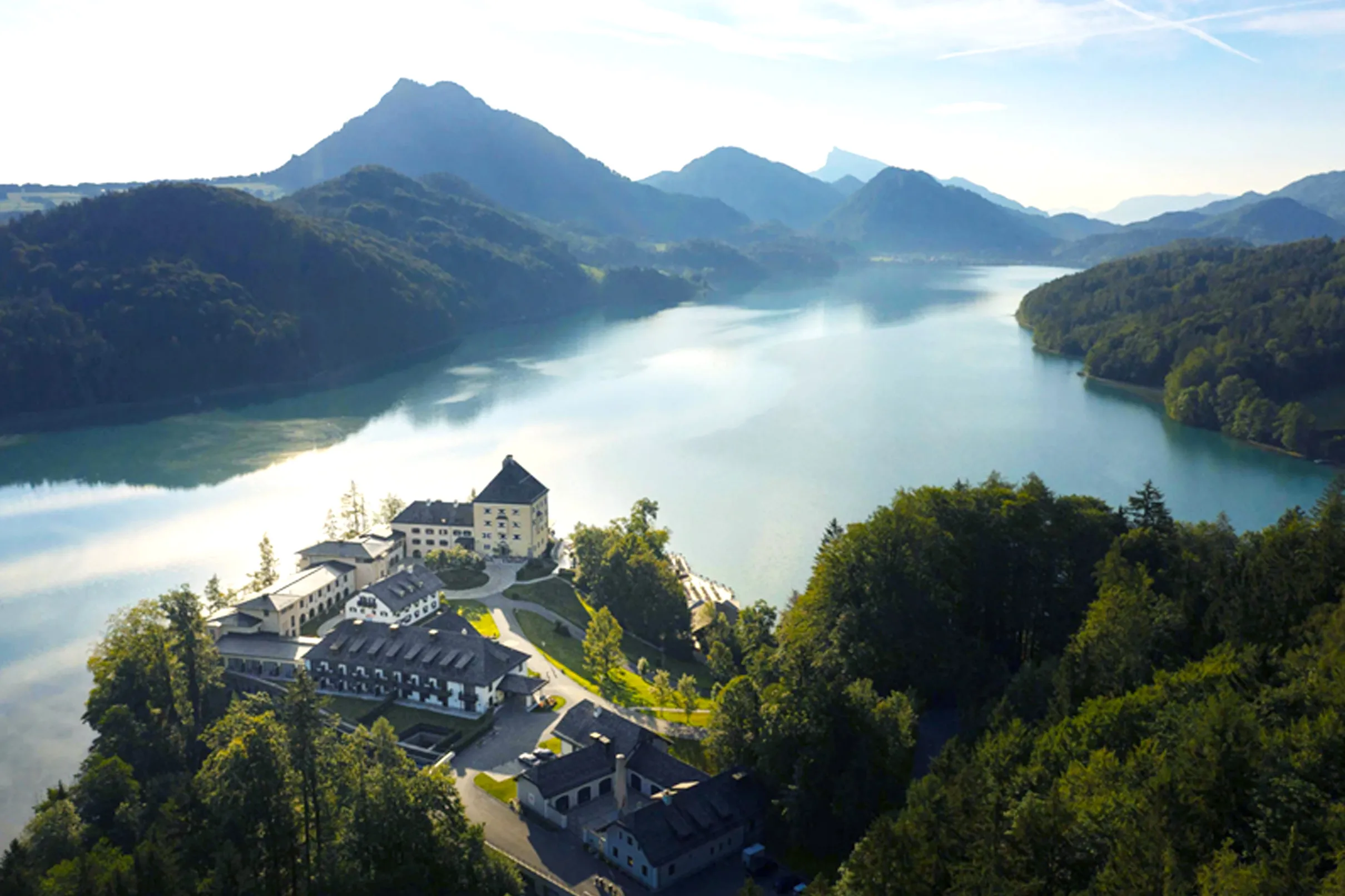 Aerial view of Schloss Fuschl, a five-star hotel on Lake Fuschl in Austria