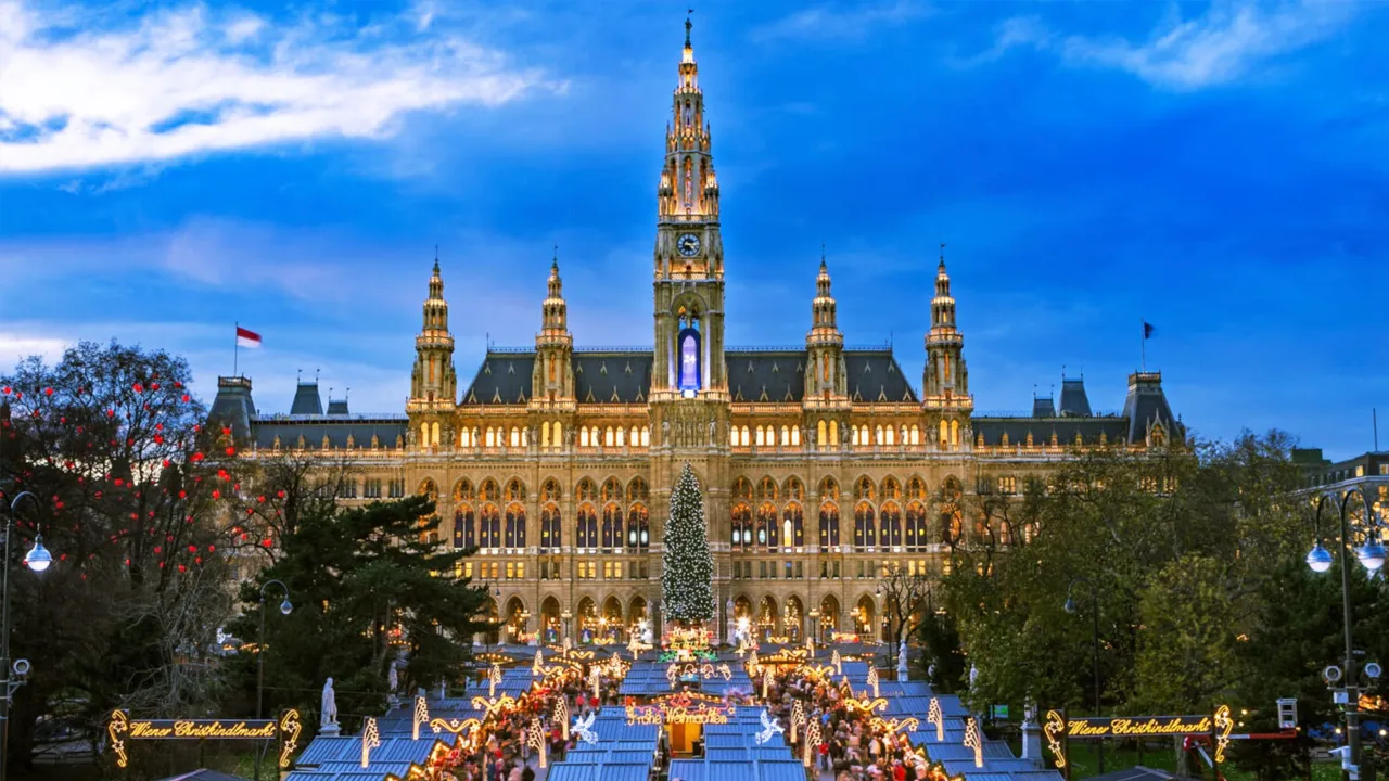 The grand town hall and square in Vienna, Austria, ready for the annual Christmas market