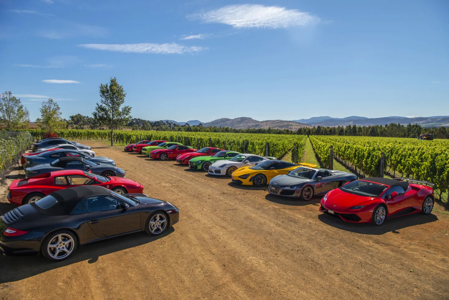 Convoy of supercars parked at Frogmore Creek winery in Tasmania